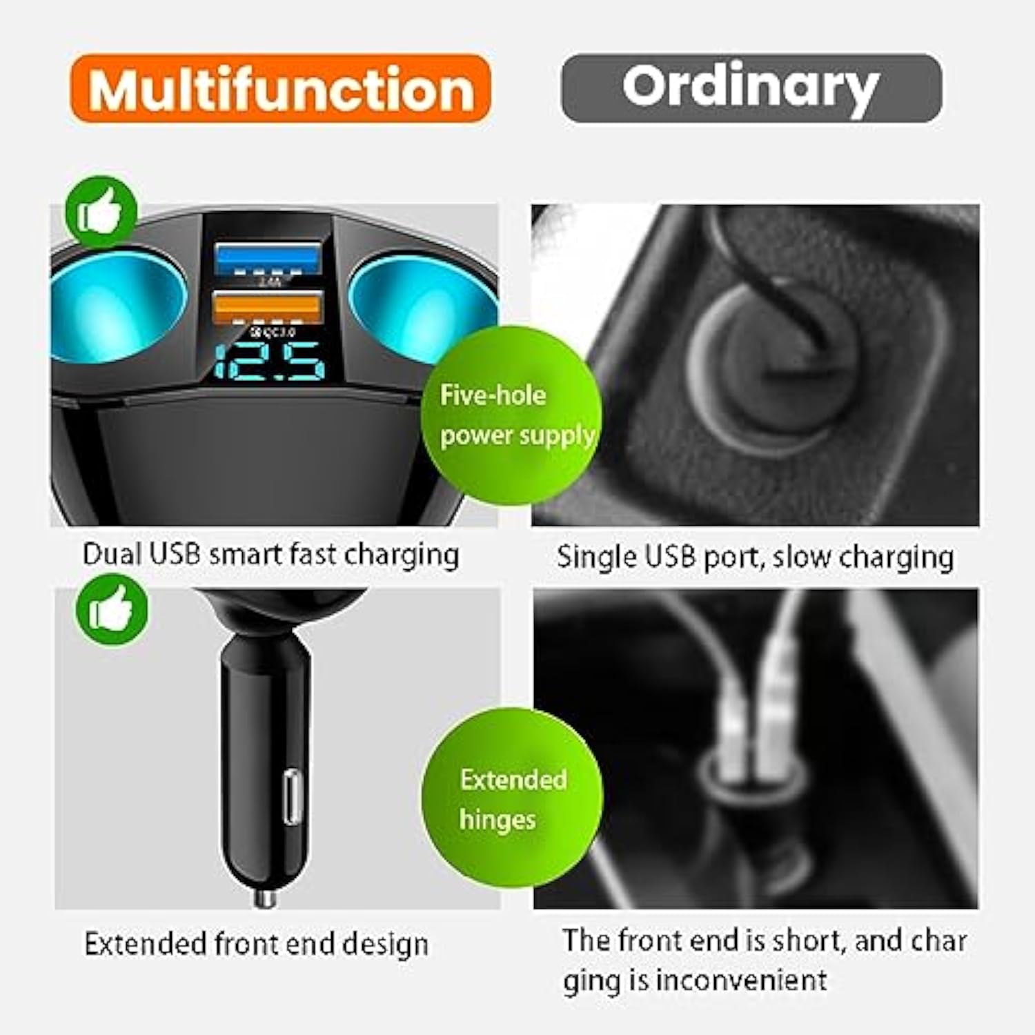 Cigarette Lighter Splitter, Usb 2.4A & Qc3.0 Type C With 2 Socket Cigarette Lighter Adapter, 12V/24V 120W Car Charger Splitter For Gps Dash Cam Laptop Cell Phone Iphone 14/13/12/11 (Qc3.0)