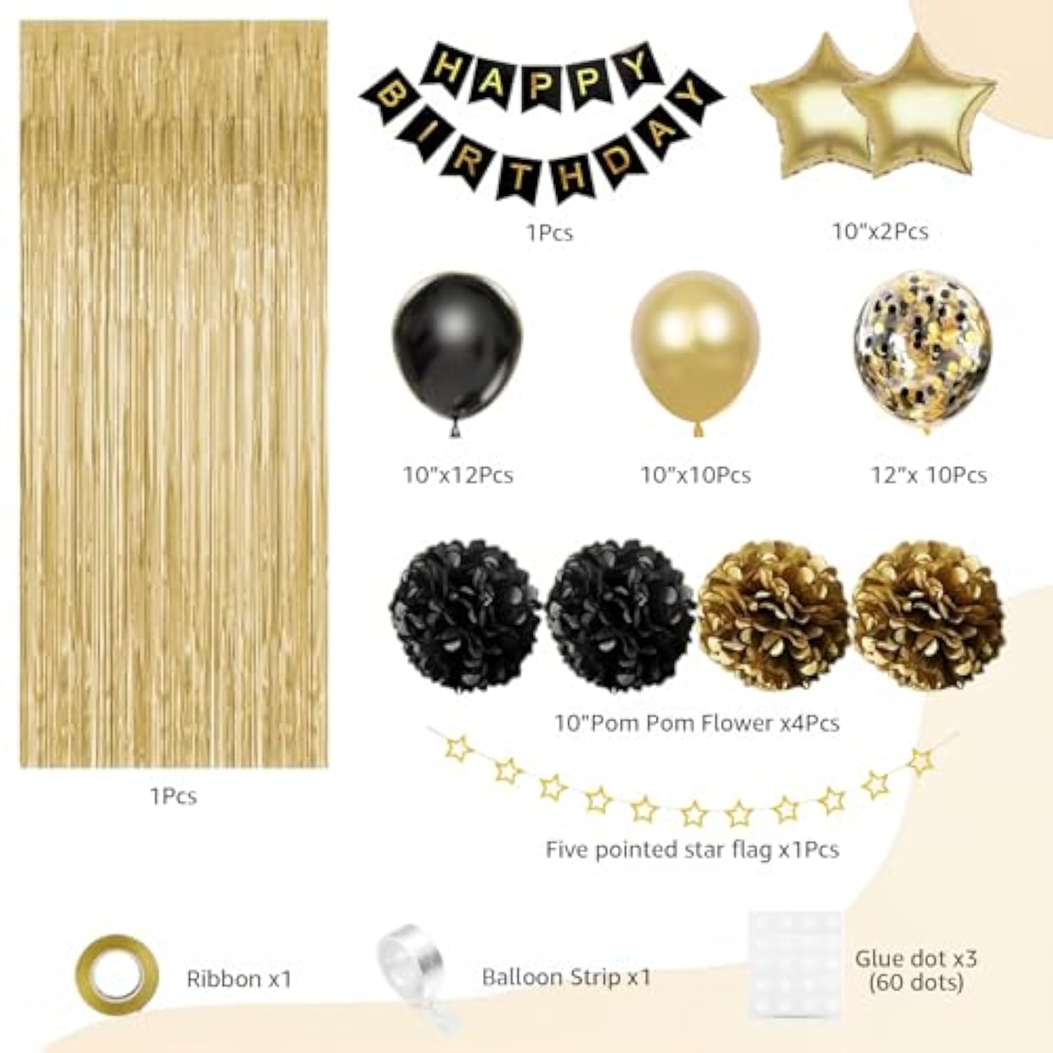 Birthday Decorations For Men Women, Gold And Black Party Decorations, Happy Birthday Banner With Black Gold Balloons Pom Poms Confetti Foil Fringe Curtains, Men Golden Party Decorations