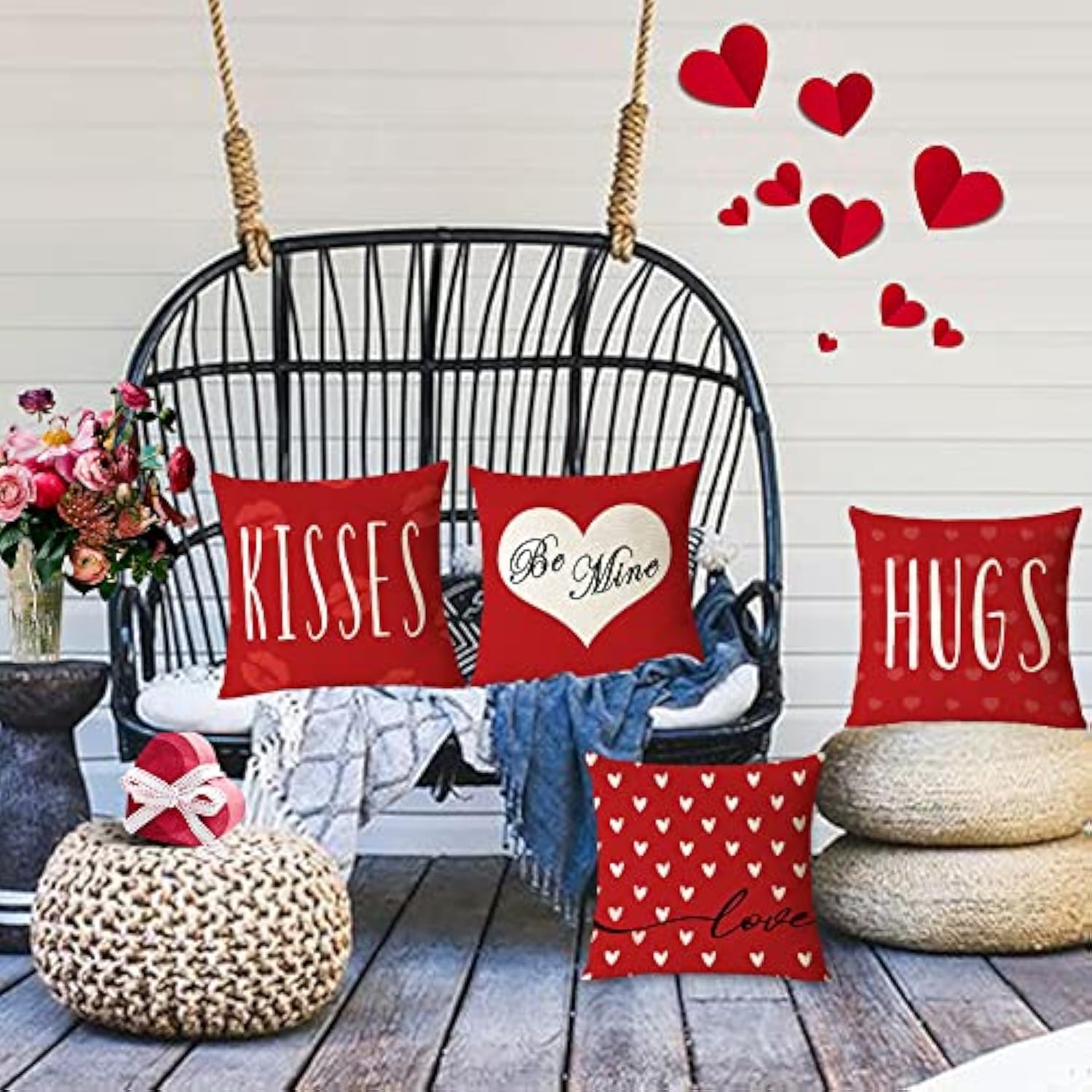 Happy Valentines Day Pillow Covers 20X20 Set Of 4 Wedding Anniversary Throw Pillow Covers Red Love Heart Kisses Hugs Be Mine Cushion Covers Pillow Cases For Outdoor Couch Sofa Decoration(20 Inch)