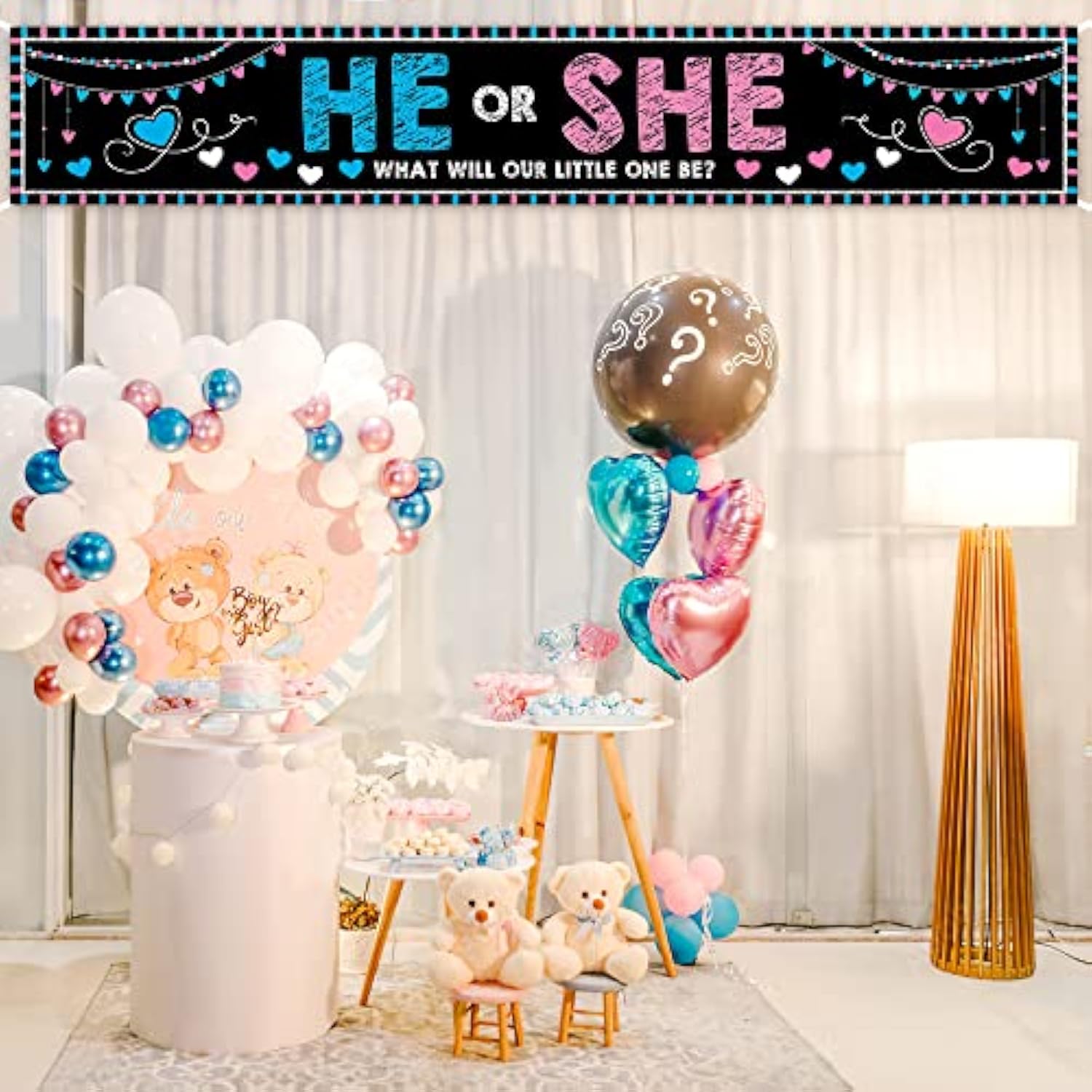 Baby Gender Reveal Decorations Banner (118.2X19.7 Inch) , He Or She Gender Reveal Party Supplies