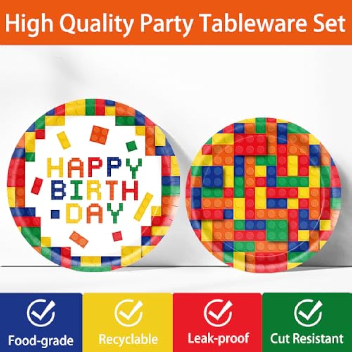 170Pcs Building Block Plates Napkins Birthday Party Supplies Colorful Building Block Party Decorations Banner Tablecloth Cups Party Tableware Set Boys Kid’S Serve 24