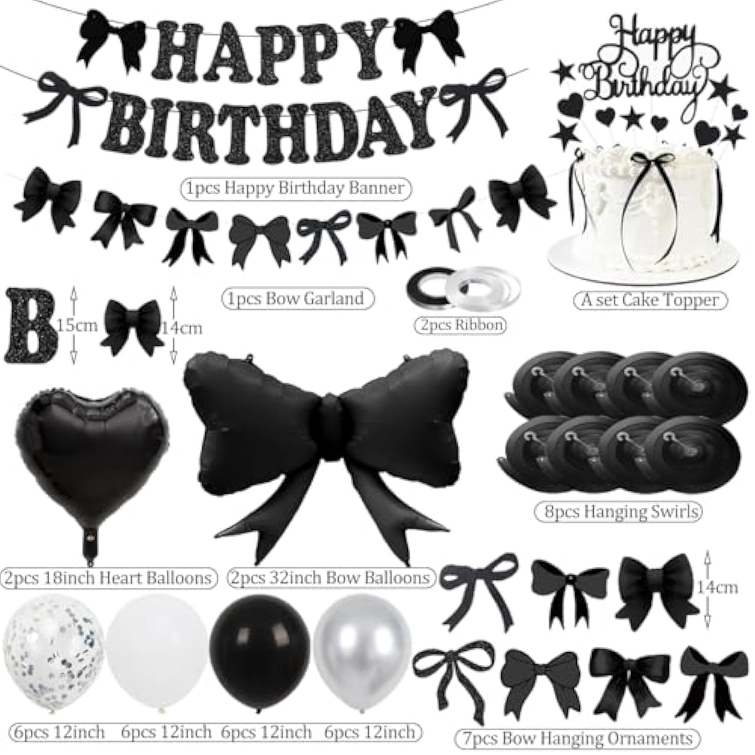 Black Bow Birthday Decorations, Happy Birthday Banner Garland And Hanging Swirls, 28Pcs Balloons, Cake Toppers, Bow Themed Party Decorations For Girls Women