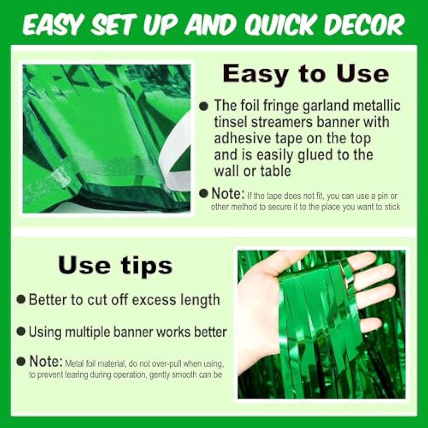 3 Pack 10 Ft Green Foil Fringe Garland Metallic Streamers Tinsel Banner Wall Hanging Garland Backdrop For Parade Floats, Halloween, Christmas, Thanksgiving, New Year Party Decorations