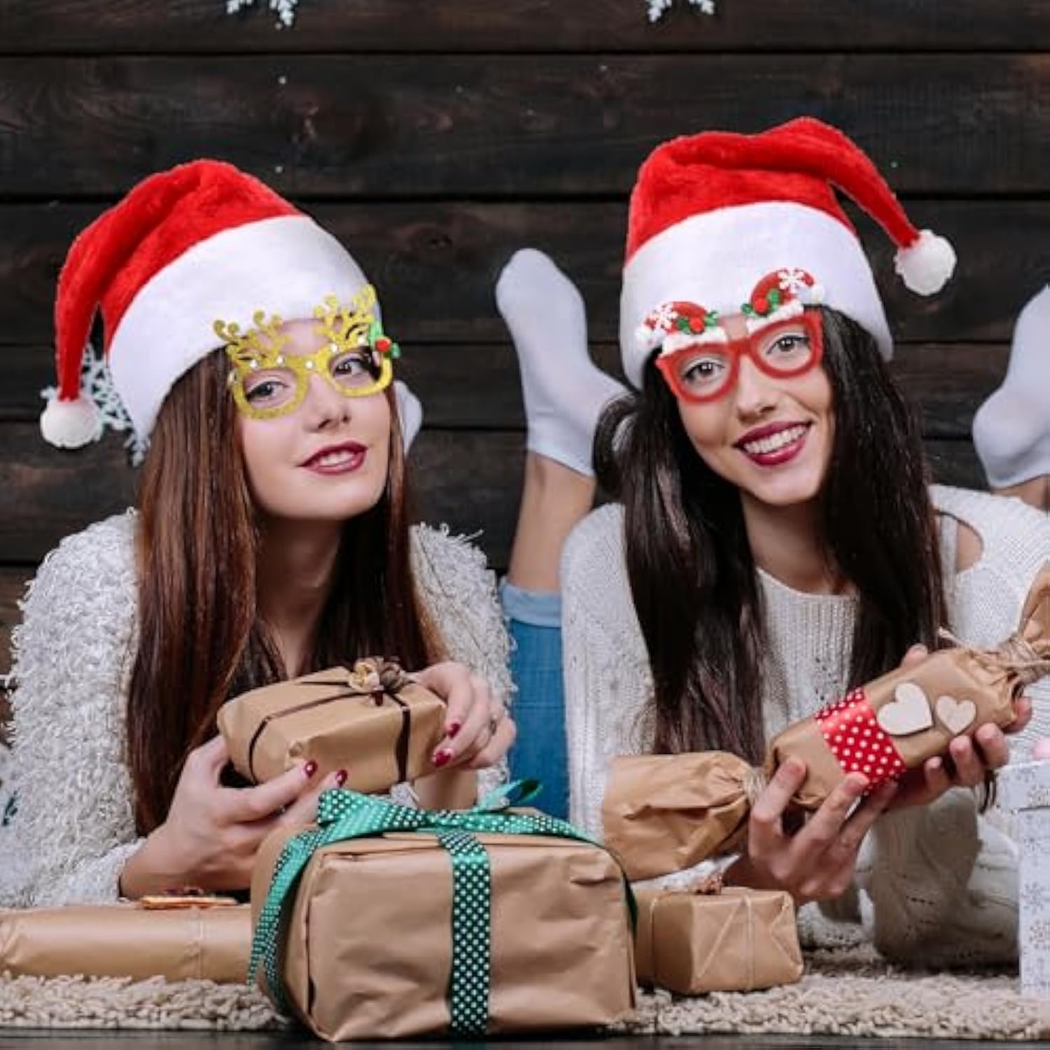 48pcs Santa Hat Glasses Costume Set Glitter Frames Xmas Photo Booth Props