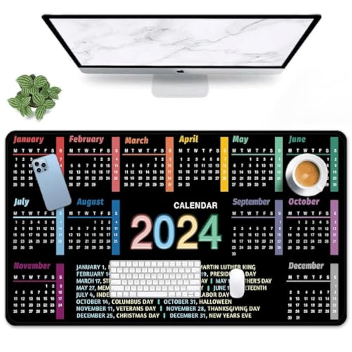 2024 Office Year Calendar Mouse Pad Large Gaming Mat Non-Slip Desk Pad Keyboard And Mouse Desk Mat For Gamer, Office & Home, 31.5 X 15.7 In