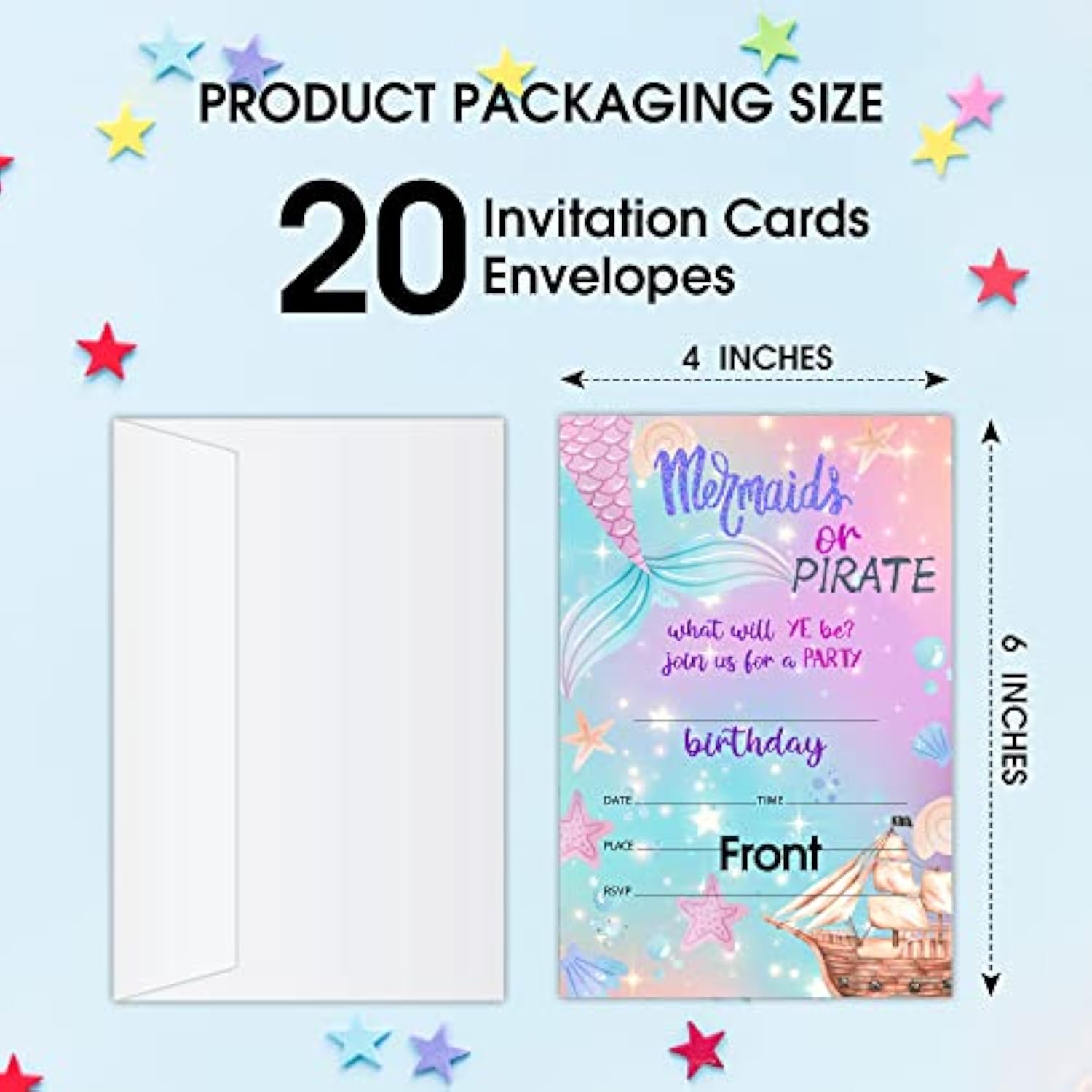 Birthday Invitations, Mermaid Or Pirate Party Decorations, Supplies, Mermaid Kids Teen Birthday Party Celebration Favors For Boys Or Girls - Pack Of 20 Cards With Envelopes (001)