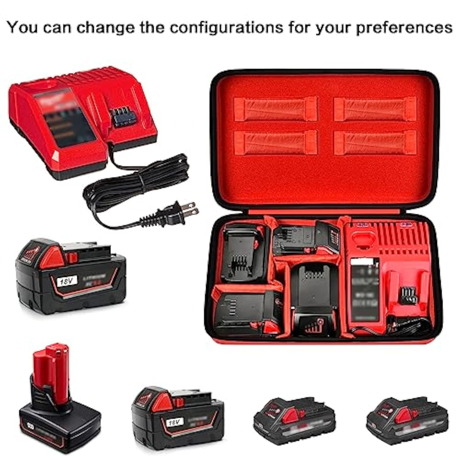 Extra Large Battery Hard Carrying Case, For Milwaukee M18 18V/ M12 12V Battery And Charger, Batteries Box Holder For 2.0/3.0/4.0/6.5/5.0/8.0/6.0/9.0-Ah Batteries, Adapter (Bag Only) - Red