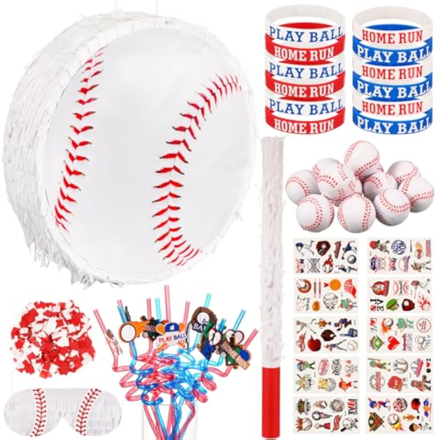 60 Pcs Baseball Party Favors Set 1 Baseball Piñata Bat 1 Blindfold 1 Bag Of Confetti 12 Silicone Bracelet 12 Straws 12 Ball 20 Sticker For Sport Birthday Party Supplies
