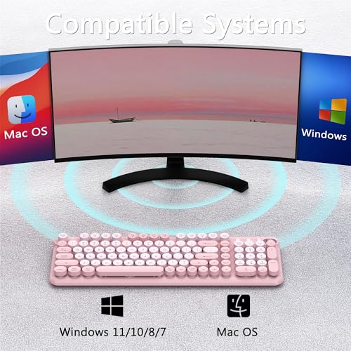 Wireless Bluetooth Keyboard, Retro Round Typewriter Keyboard, Dual Mode Bluetooth & 2.4Ghz Receiver, Compatible With Windows, Macos, Ipad, Android, Laptops, And Tablets (Pink)