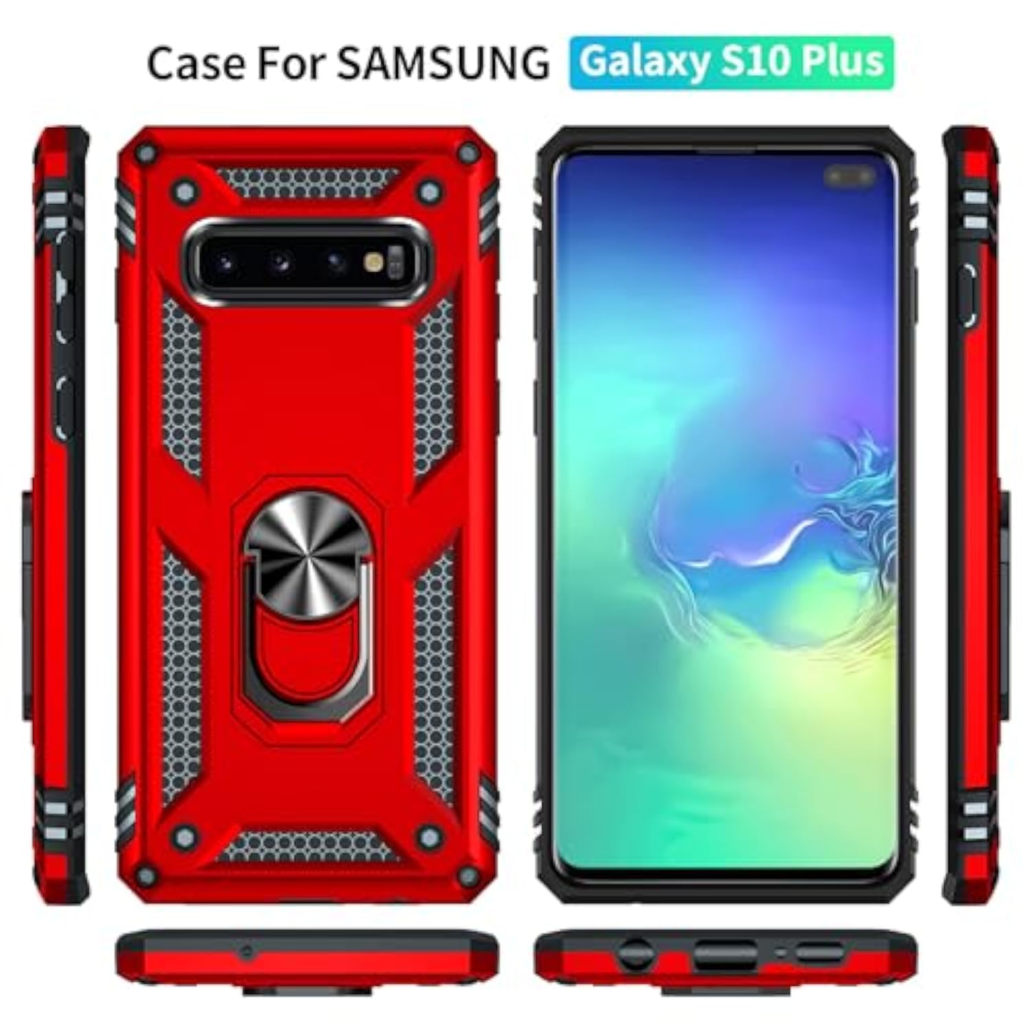 For Samsung Galaxy S10 Plus Case: Galaxy S10 Plus With Screen Protector - Military Grade Protective Cases With Finger Ring Holder Kickstand For Samsung S10 Plus(Red)