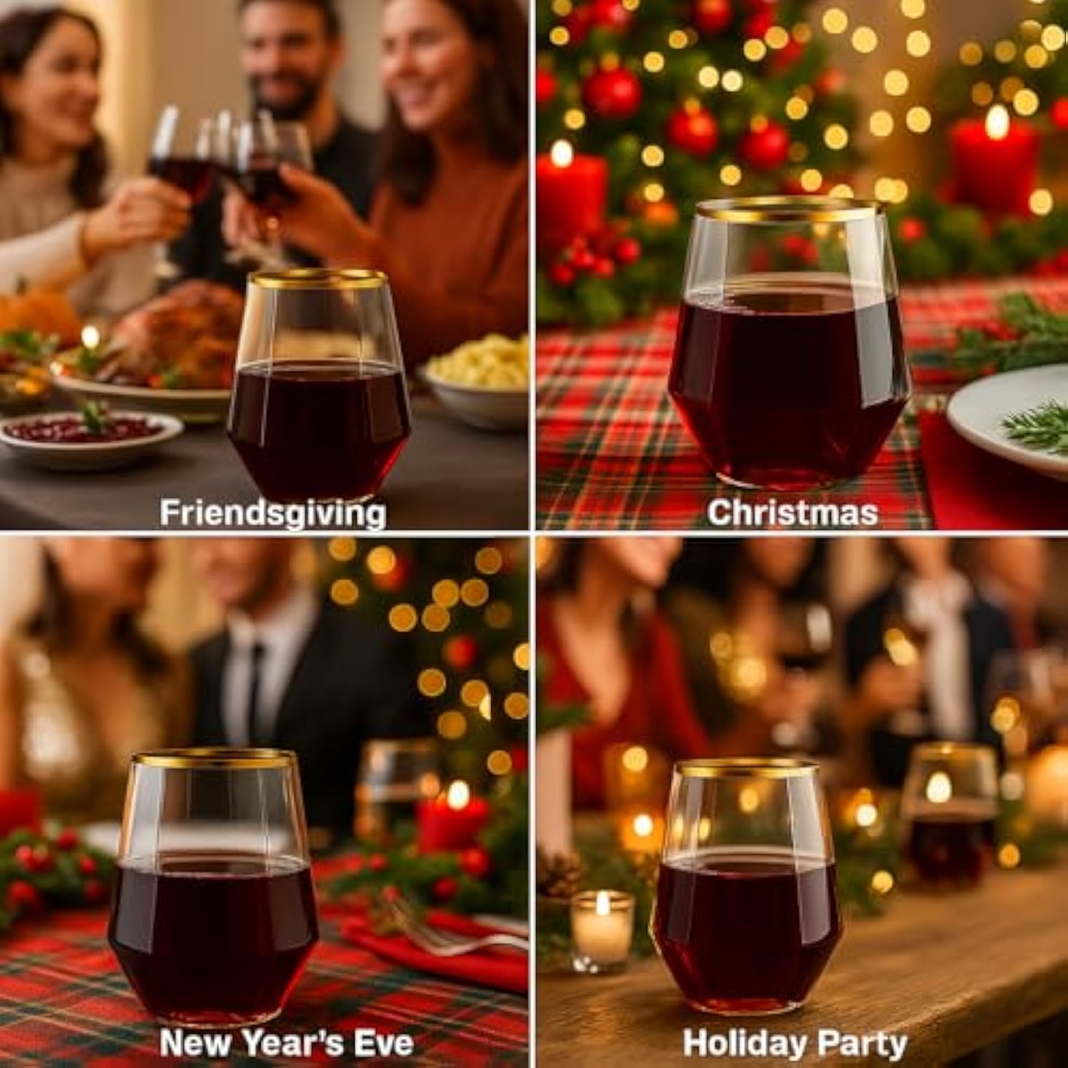 40 Count Diamond Unbreakable Stemless Plastic Wine Champagne Whiskey Glasses Elegant Durable Disposable Indoor Outdoor Ideal For Home, Office, Bars, Wedding, 12 Ounce Cups Gold Rim (Gold)