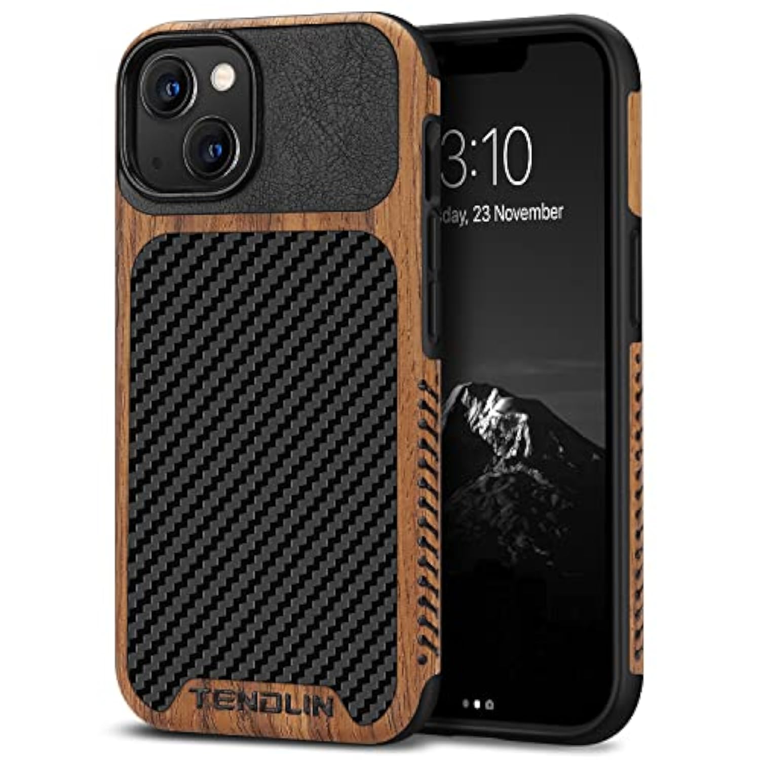 Compatible With Iphone 13 Case Wood Grain With Carbon Fiber Texture Design Leather Hybrid Case Compatible For Iphone 13 6.1-Inch Released In 2021 Black