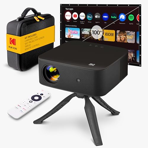 Flik X20 1080P Smart Tv Projector Kit W/ 300 Ansi Led, Auto-Focus & Keystone, Hdr10 Portable Home Theater W/ Black Eva Case, Tripod, 100 Screen, Hdmi Cable, Remote, Wi-Fi, Bluetooth (Black)