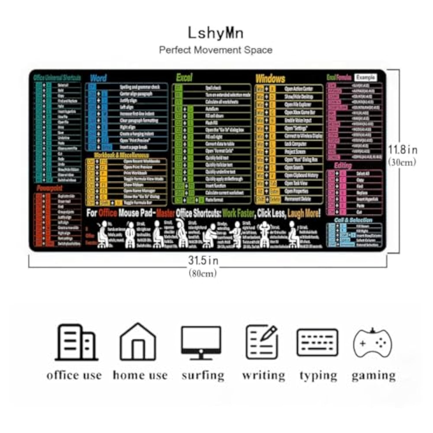 Excel Cheat Sheet Mouse Pad Large Xl With Excel Shortcut Key Waterproof Non-Slip Base Gaming Mouse Pad For Studio Desk Computer Desk Back To School Mat 31.5X11.8 Inches