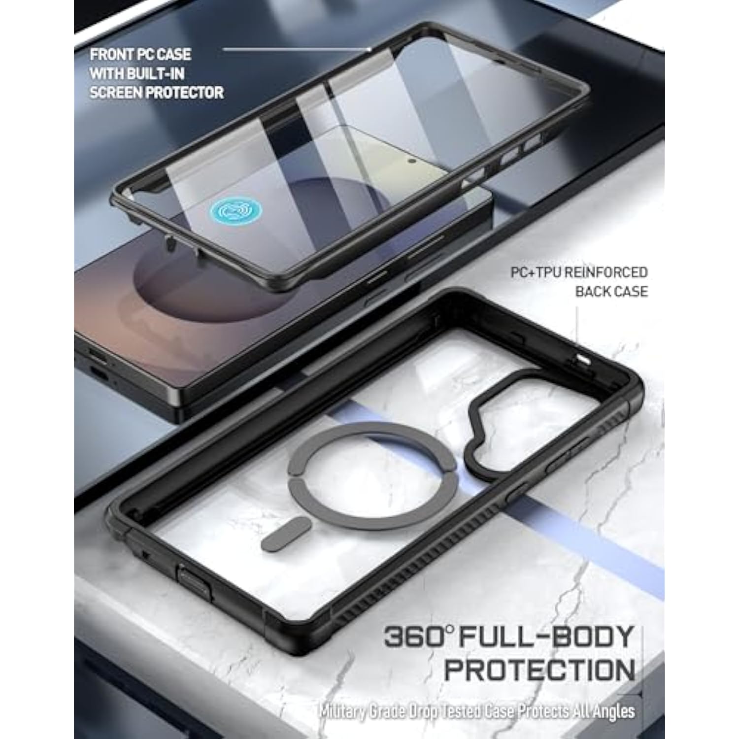 Guardian Case For Galaxy S25 Ultra 5G 6.9 Inch (2025), [20Ft Mil-Grade Drop Tested] Built-In Screen Protector [Work With Fingerprint Id] Full Body Shockproof Rugged Clear Case, Black/Clear