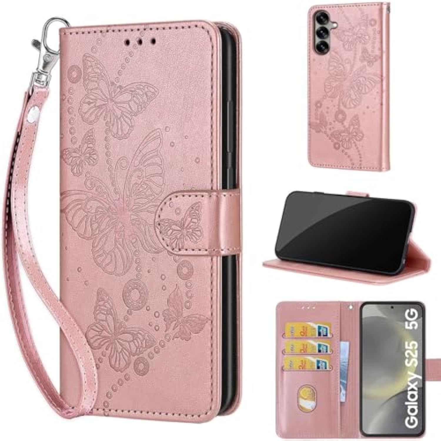 Designed For Samsung Galaxy S25 5G Case Wallet,Women Flip Folio Cover With Embossed Pu Leather Stand Credit Card Holders Slots Wrist Strap Phone Case For Samsung S25 6.2 Inch (Rose Gold Butterfly)
