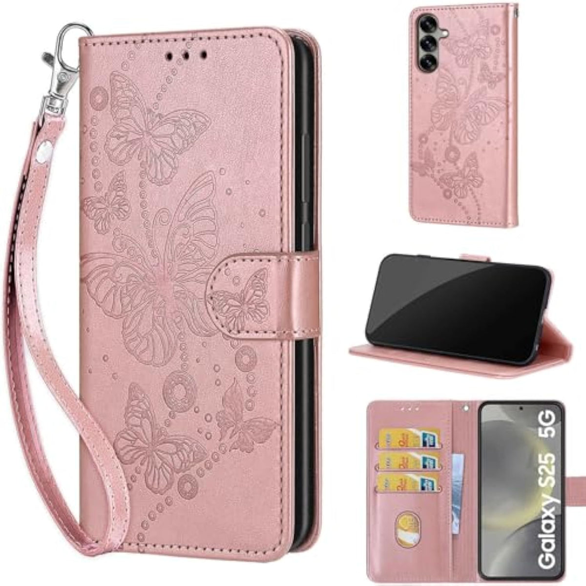 Designed For Samsung Galaxy S25 5G Case Wallet,Women Flip Folio Cover With Embossed Pu Leather Stand Credit Card Holders Slots Wrist Strap Phone Case For Samsung S25 6.2 Inch (Rose Gold Butterfly)