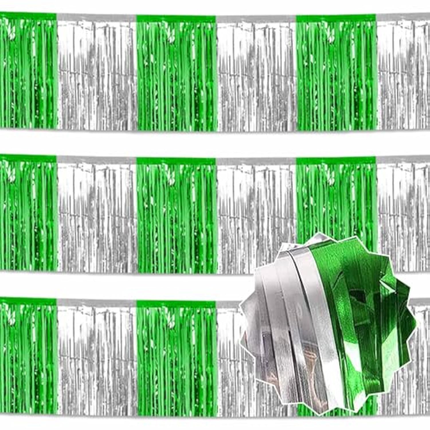 3 Pack 10 Ft Silver Green Foil Fringe Garland Metallic Streamers Tinsel Banner Wall Hanging Garland Backdrop For Parade Floats, Halloween, Christmas, Thanksgiving, New Year Party Decorations