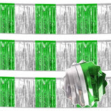 3 Pack 10 Ft Silver Green Foil Fringe Garland Metallic Streamers Tinsel Banner Wall Hanging Garland Backdrop For Parade Floats, Halloween, Christmas, Thanksgiving, New Year Party Decorations