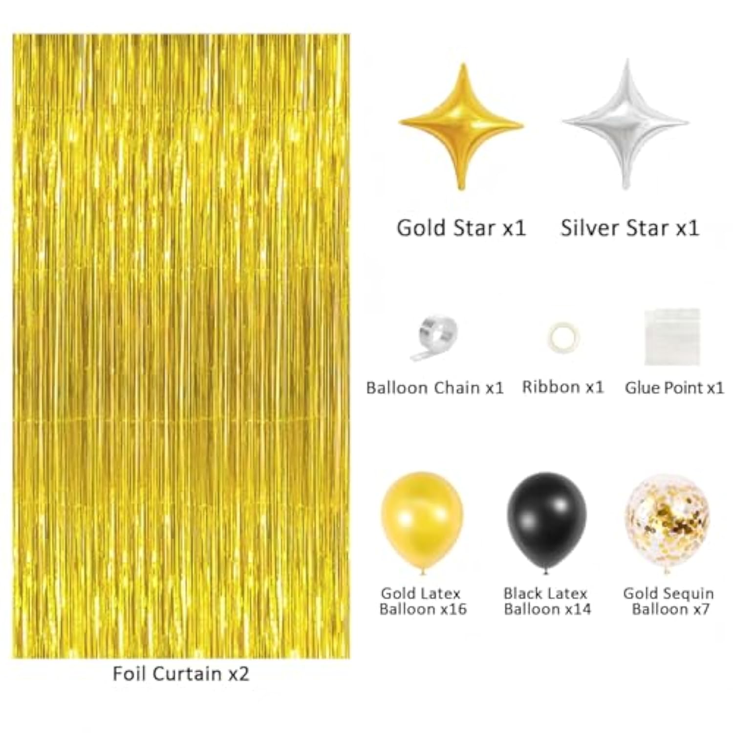 Gold Foil Party Curtain Kit With Balloons & Garland – 2-Pack Metallic Fringe Backdrop (3.28×6.56 Ft) For Christmas, Graduation, Birthday Photo Booth New Year Decorations
