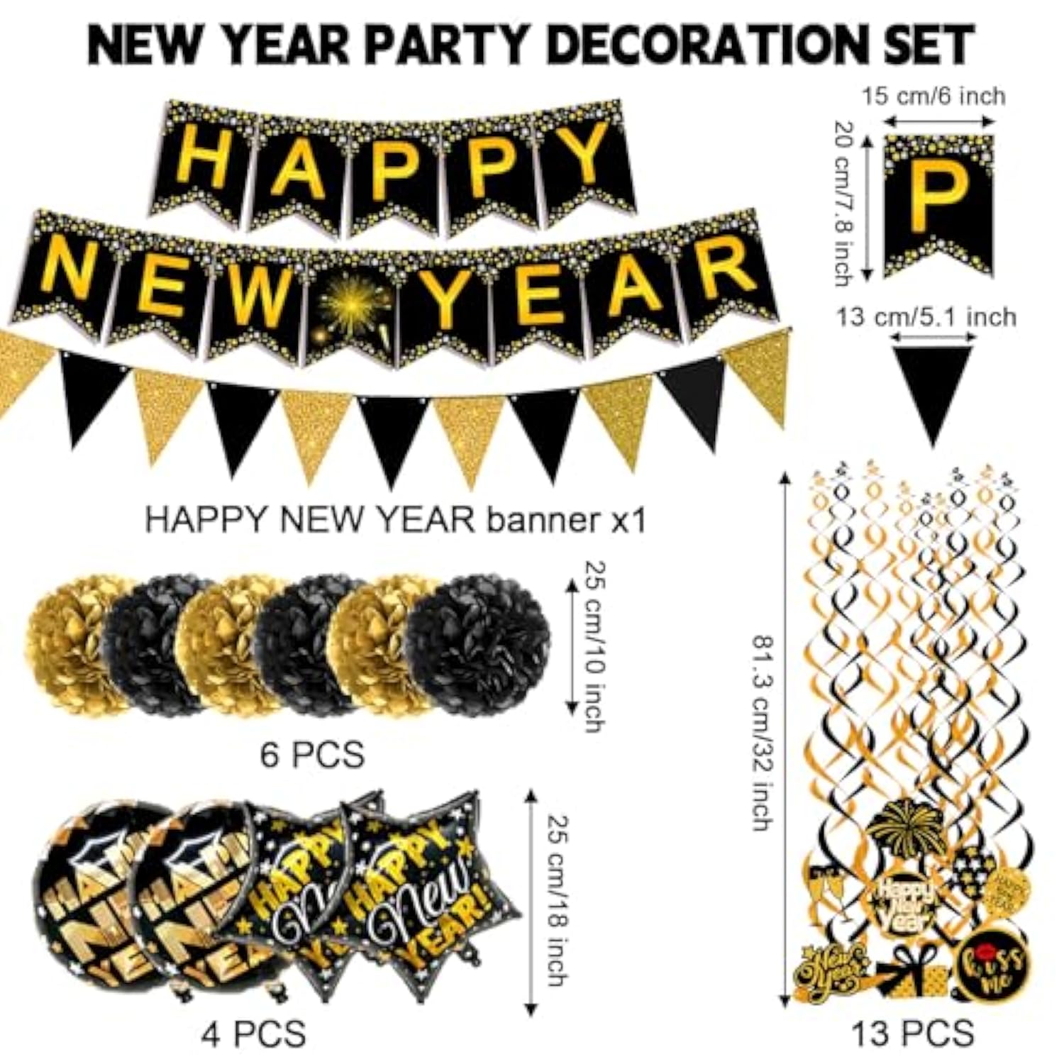 Happy New Year Paper Banner with Flags Pom Poms Streamers and Balloons