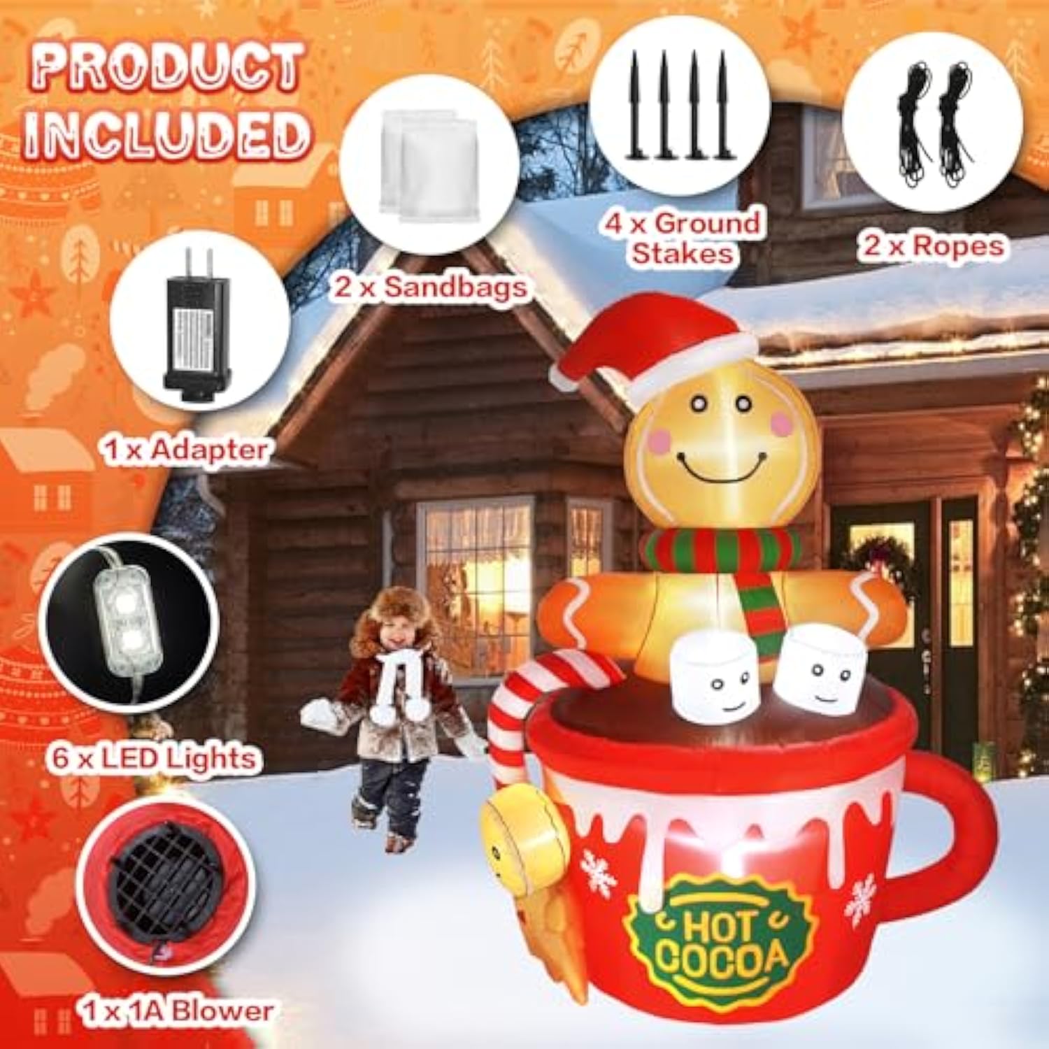 6Ft Christmas Gingerbread Man Inflatables Outdoor Decoration Hot Cocoa Cup Cute Giant Xmas Blowups With Built-In Led Lig