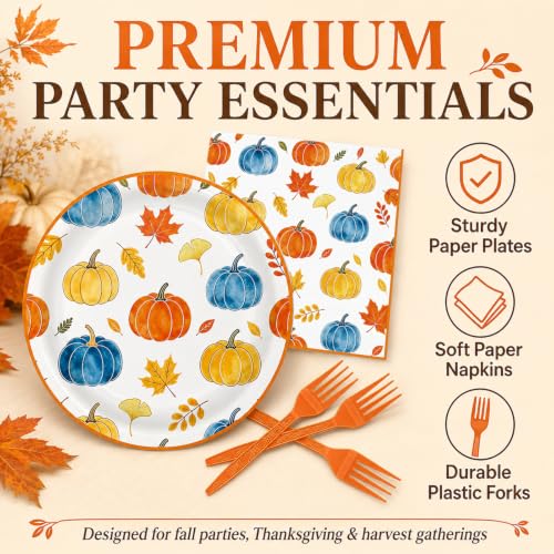 72Pcs Fall Paper Plates and Napkins Set, Autumn Pumpkin Dessert Plates 7in