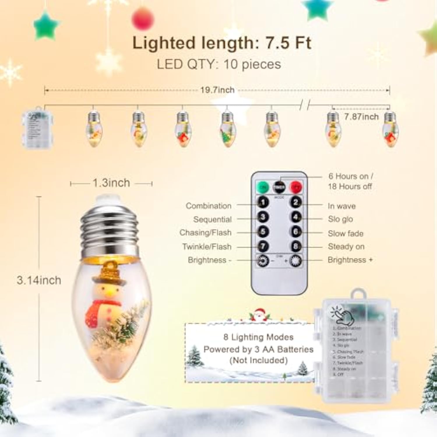 Vintage-Christmas-Lights-Indoor-String-Lights, 7.5Ft C9 Christmas Snow Globe String Lights With Tree & Snow & Cute Ornam