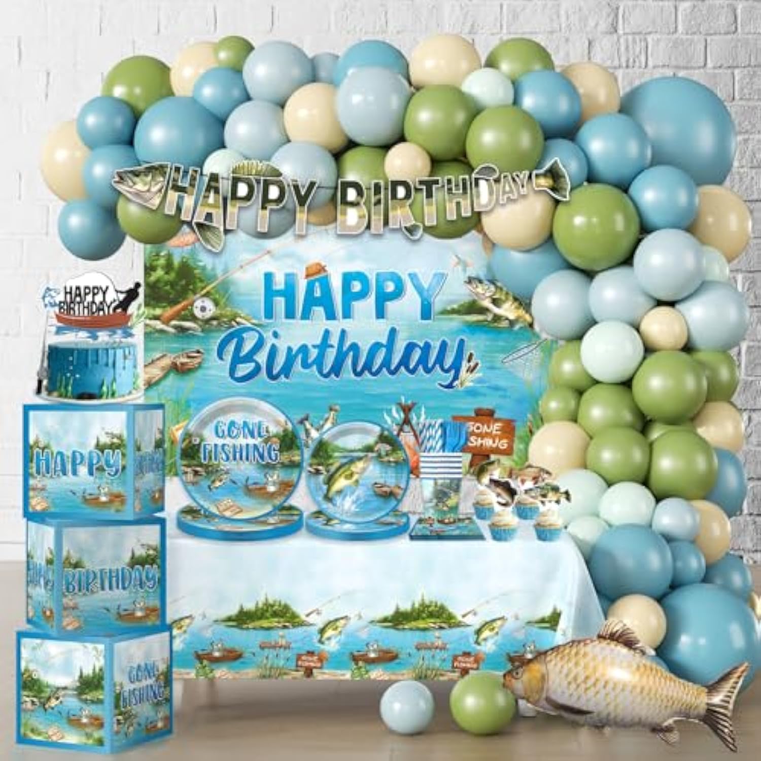 Fishing Birthday Party Decorations, All-In-1 Supplies Pack, Includes 20 Fishing Theme Tableware, Backdrop Tablecloth Balloon Kit For Fish Birthday Party Decorations