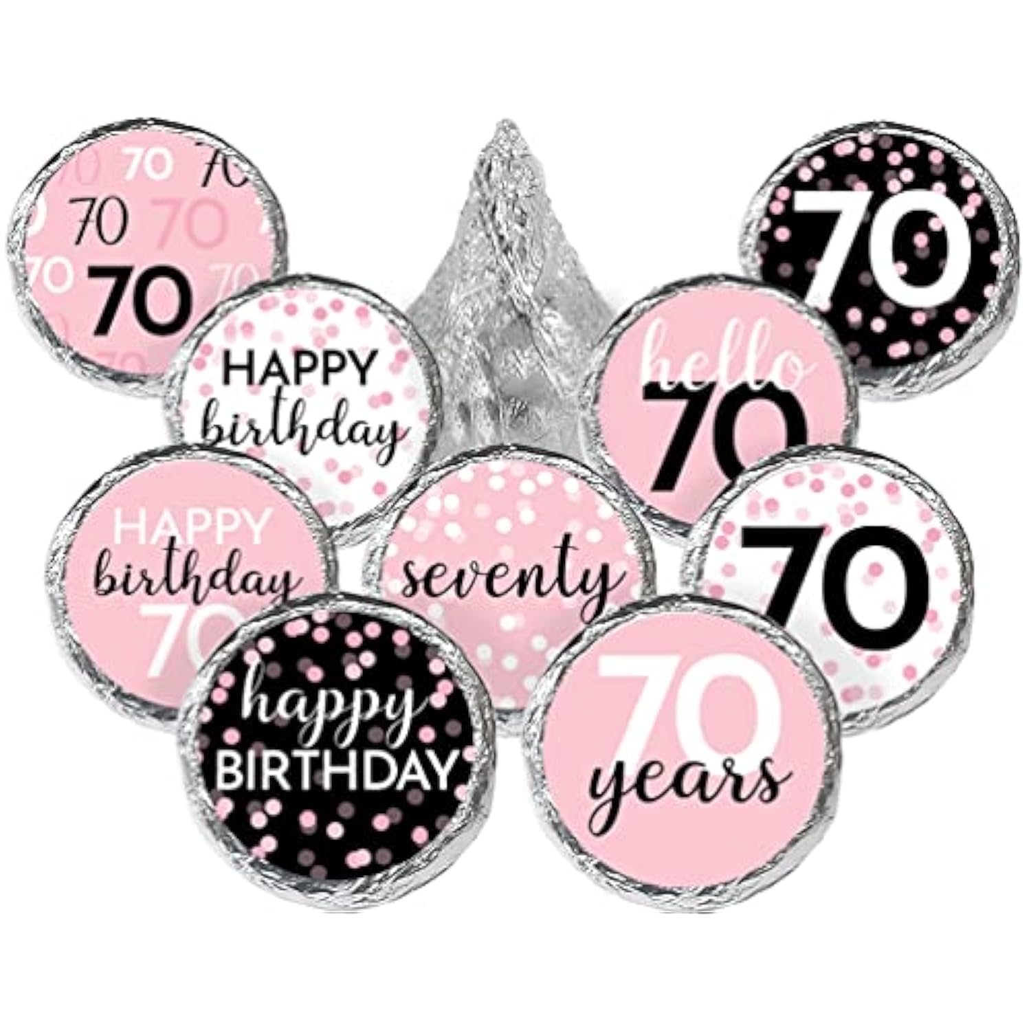 Pink, Black, And White 70Th Birthday Party Favor Stickers, Chocolate Kisses Candy Stickers - 180 Count - 70Th Birthday Decorations