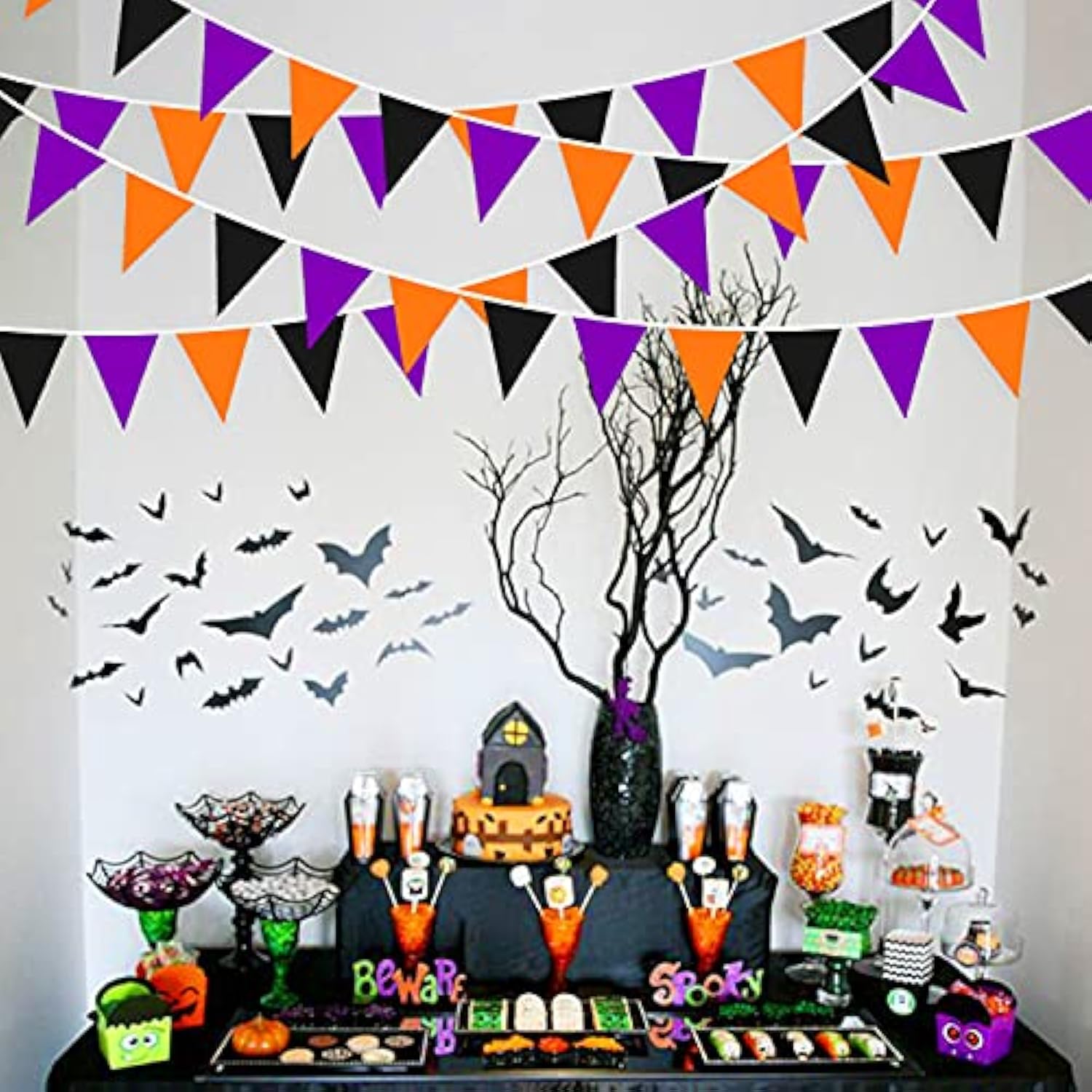 32FT Halloween Pennant Banner Orange Black Purple Fabric Triangle Flag Garland