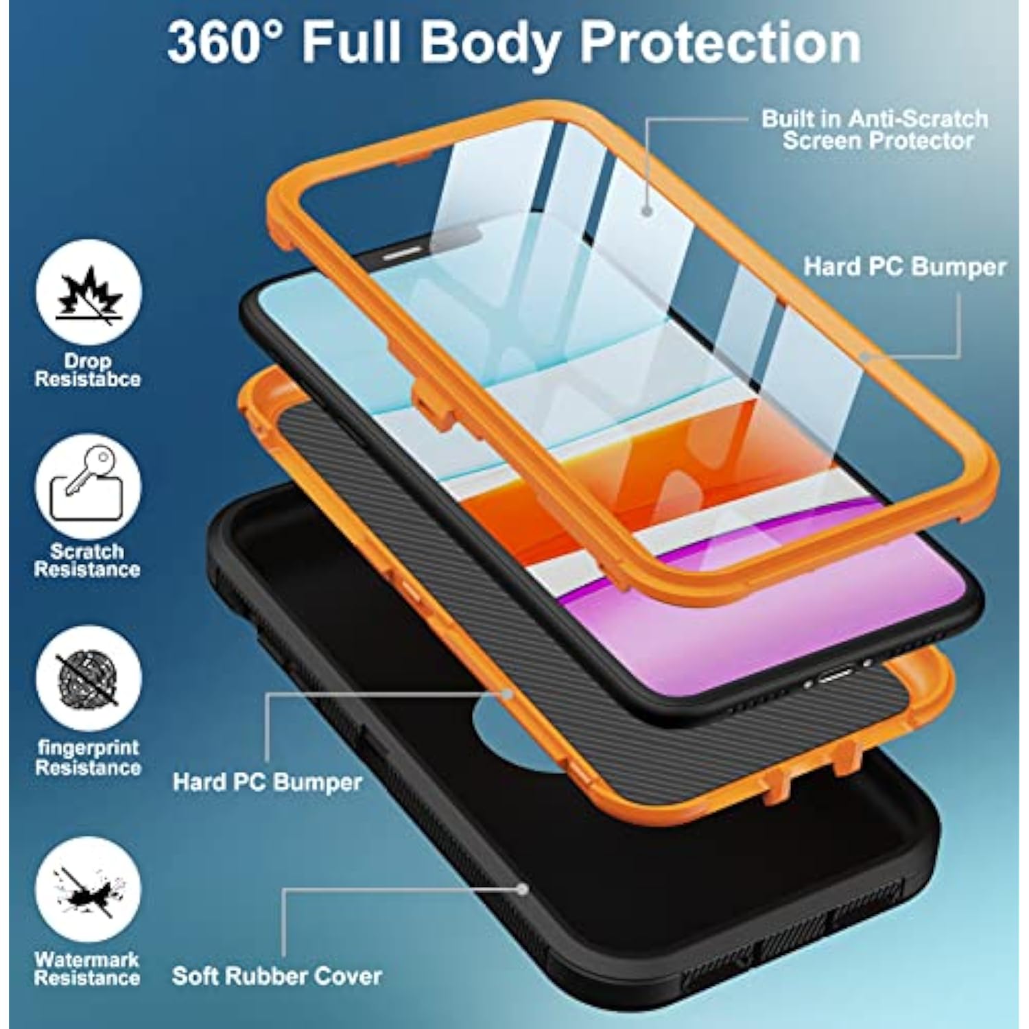 For Iphone 11 Case, With Built In Screen Protector Heavy Duty Drop Protection, Full Body Rugged Shockproof Dust Proof 3- Layer Tough Protective Phone Cover For Apple Iphone 11 Black/Orange