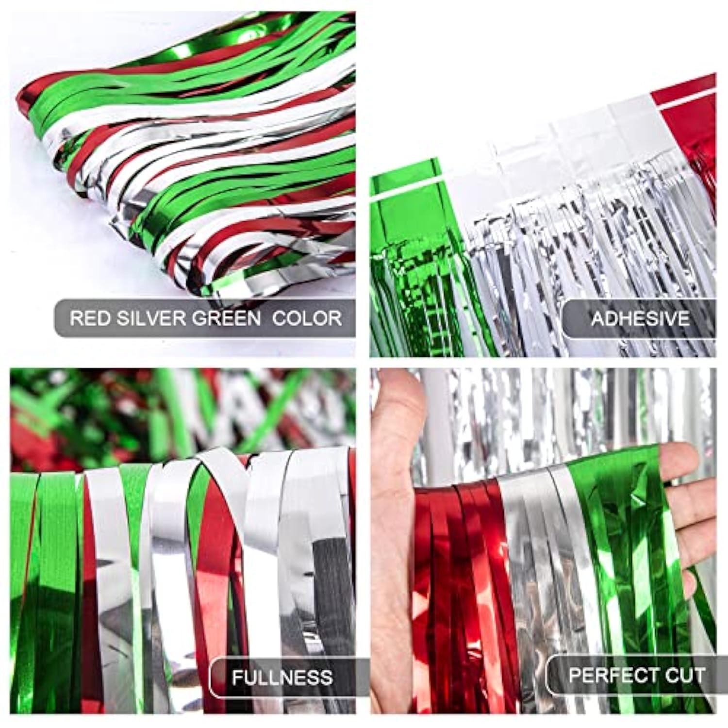 3-Pack Red Silver Green Foil Fringe Curtains 3.3x6.6 ft for Christmas and Party Decor