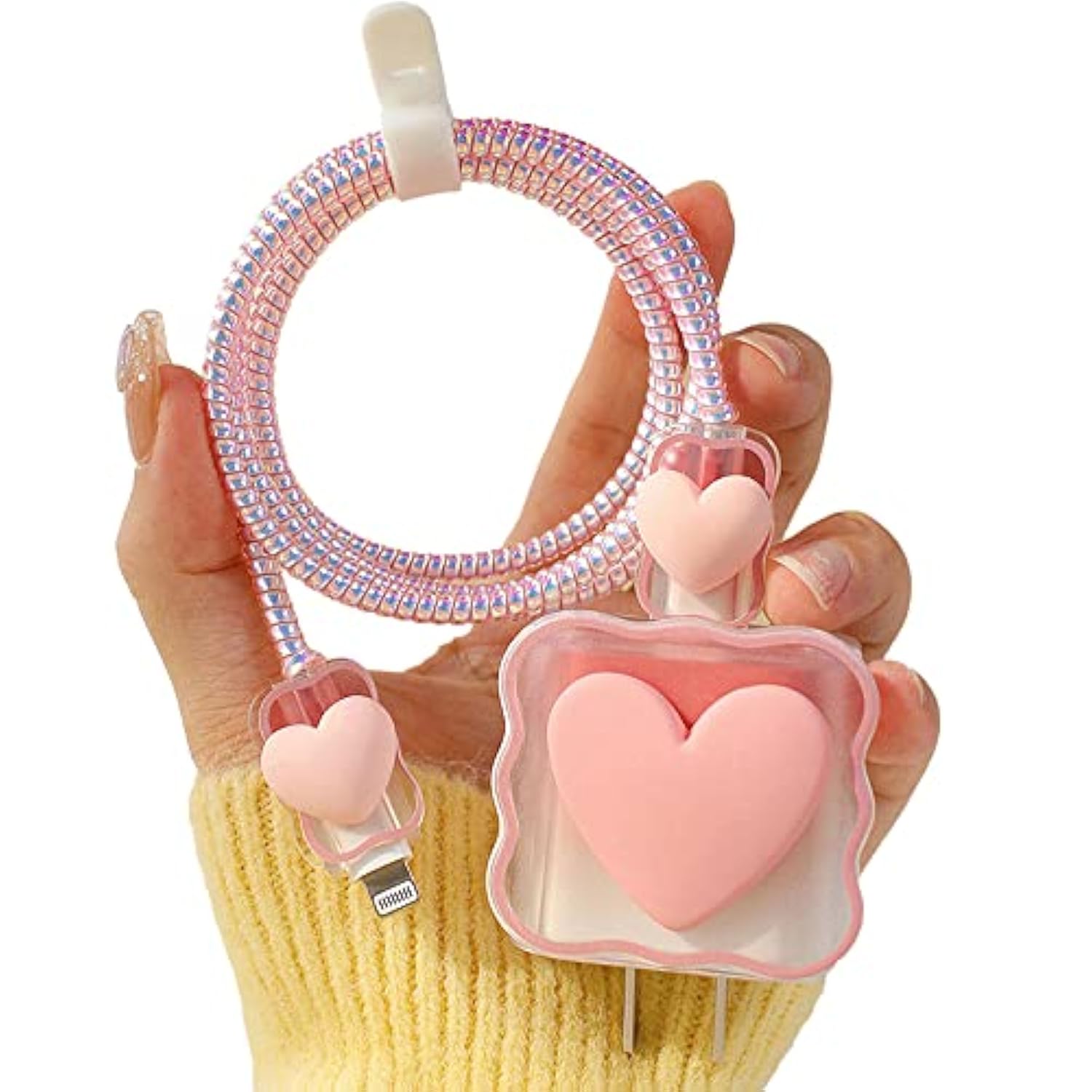 5 In 1 Diy 18W 20W Heart Shape Protector Data Cable Usb Charger Line Earphone Wire Saver Organizer Compatible With Iphone 11 12 13 14 15 Pro Max (Love Pink)