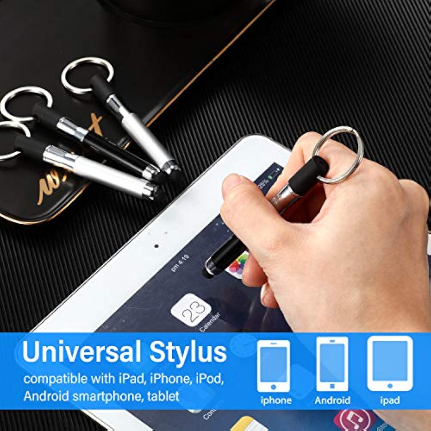 4-Pack Mini 3-in-1 Capacitive Stylus Pens with Keyring Loop