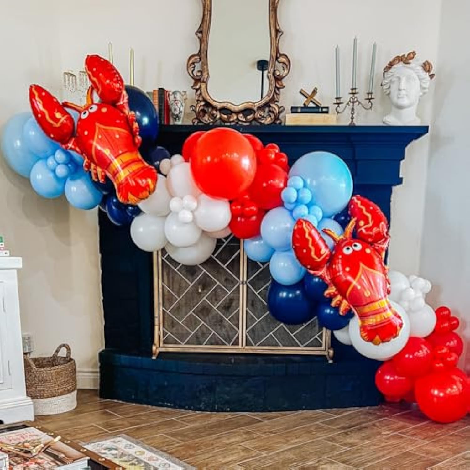 Crawfish Balloon Garland Arch Kit 143Pcs Red Blue White Balloons With Crawfish Lobster Foil Balloons For Crawfish Boil Birthday Seafood Party Mardi Gras Summer Festival Decorations (Red Blue)