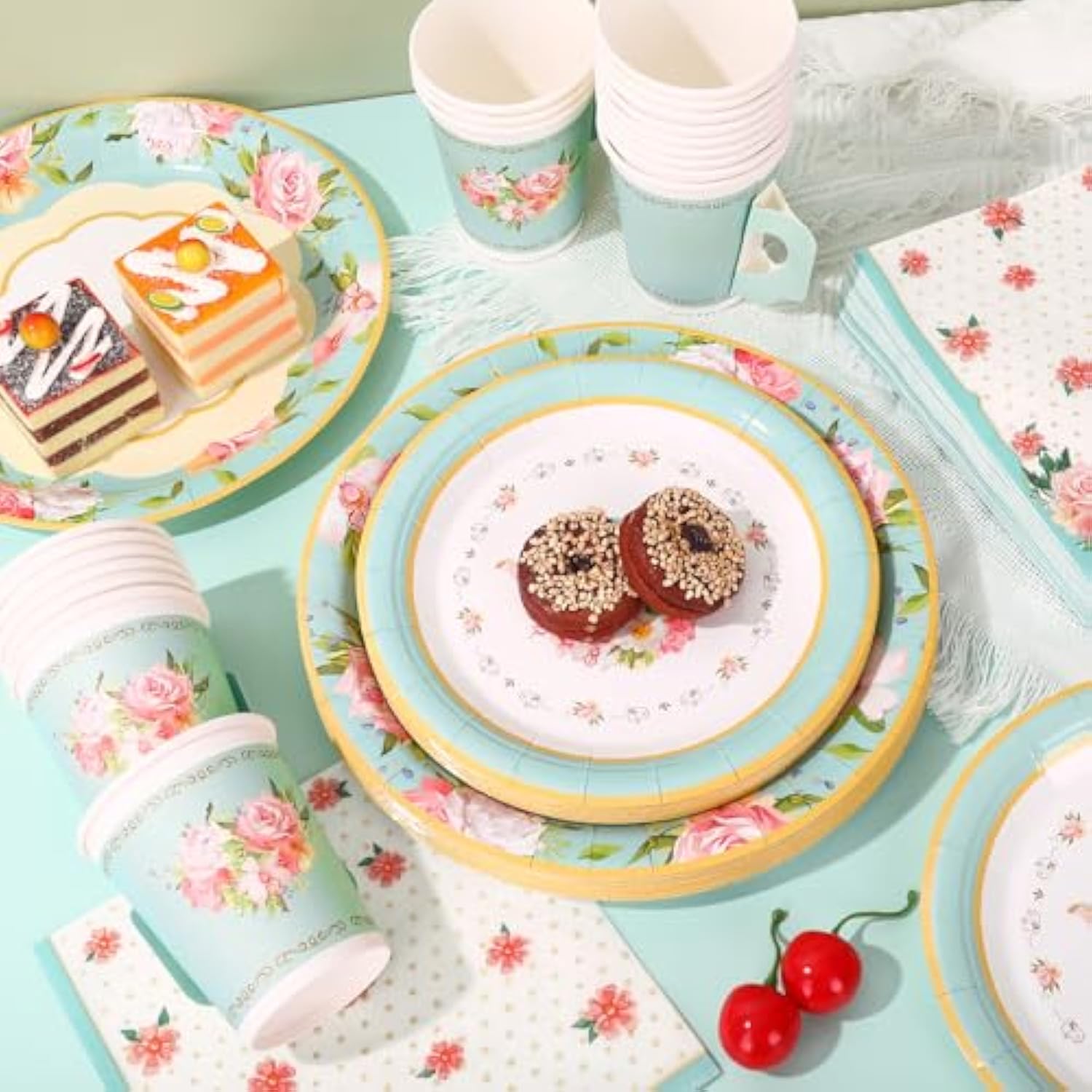 Tea Party Tableware Supplies Serves 24 Floral Tea Party Disposable Paper Dinnerware 24 9" Plates 24 7" Saucer Plate 24 9Oz Tea Cups With Handle 48 Luncheon Napkins For Birthday Bridal Shower