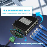 Industrial 5 Ports Gigabit 24V Passive Poe Switch Support Dc12V-24V Input To 24V Poe Output, 4 X 24V/18W Poe Ports@72W, Ip40, Compact Poe Power For Solar Power/Rv Truck/Voip Systems