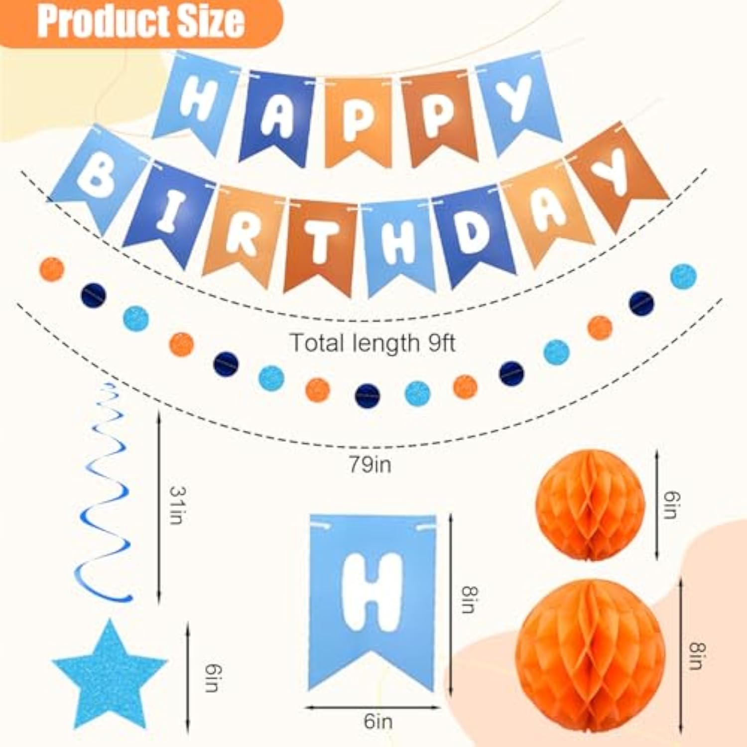 Pre-Strung Happy Birthday Banner — Orange & Blue with Honeycomb Balls, Stars, & Streamers