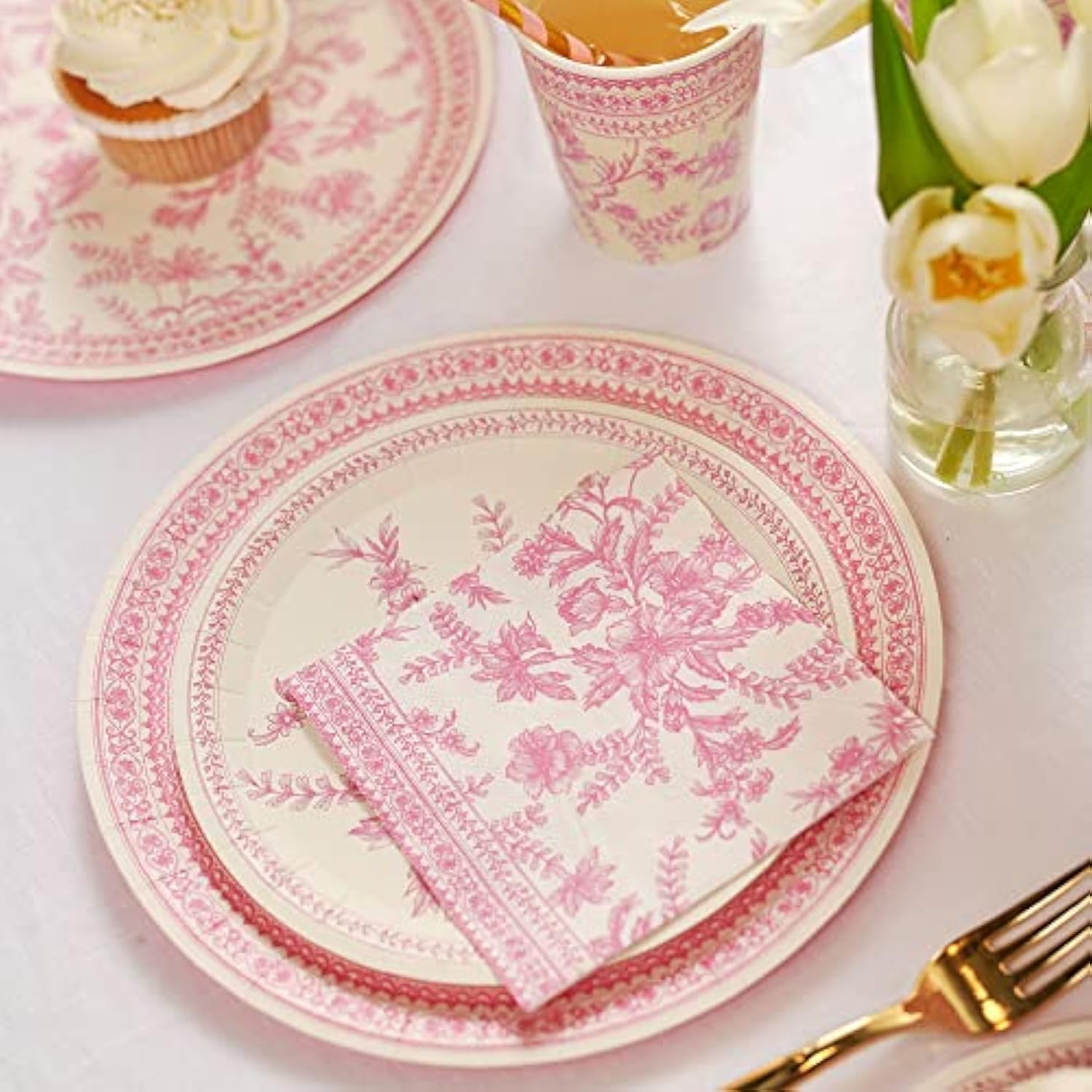 Pink Toile Dinner Napkins | Cute Napkins In Bright Pink And White Toile, Set Of 25, Perfect For Bridal, Baby, Garden, Or Birthday Party | Disposable | 6.5 Inches