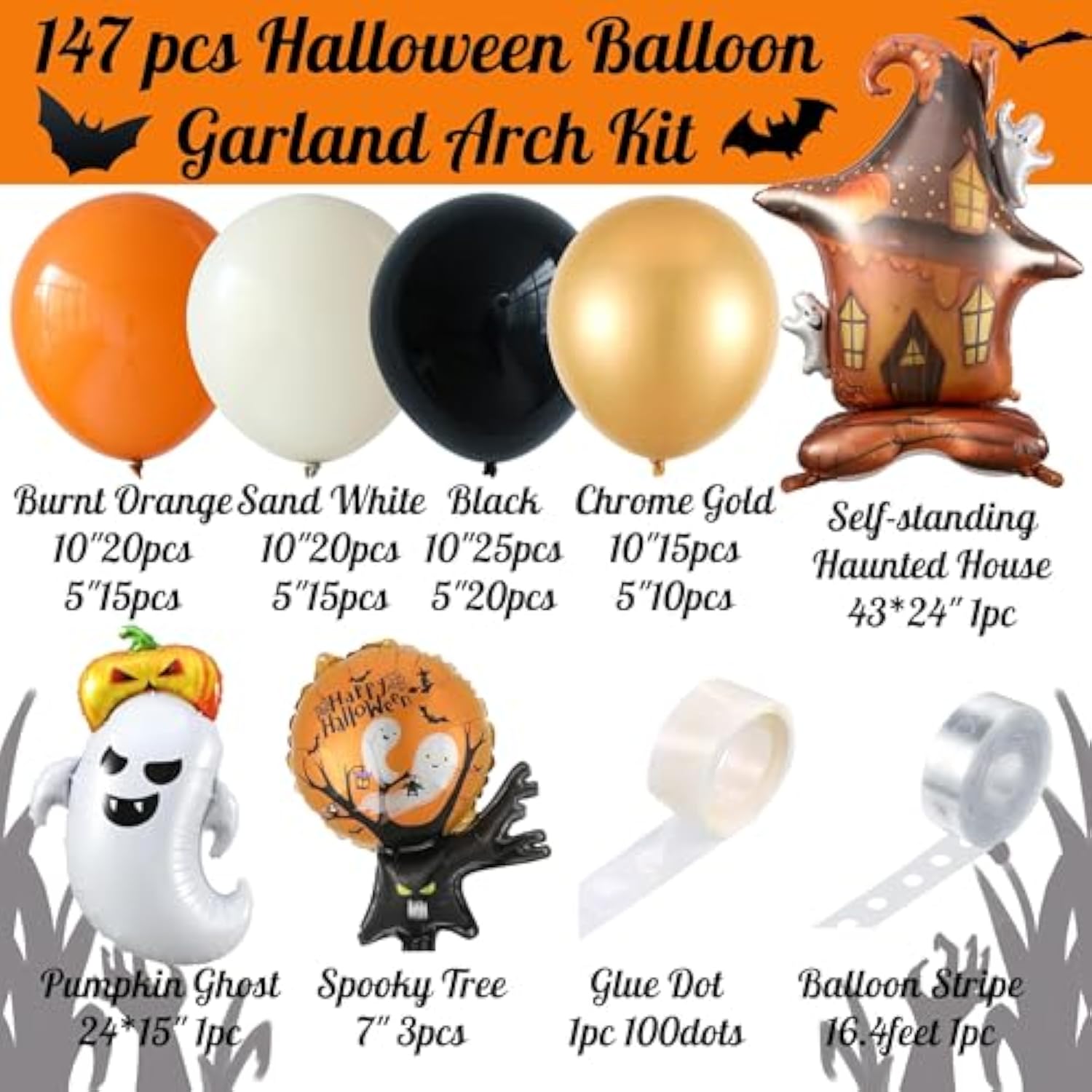 Halloween Balloon Arch Kit: Ghost Foil Decor, Orange Black White