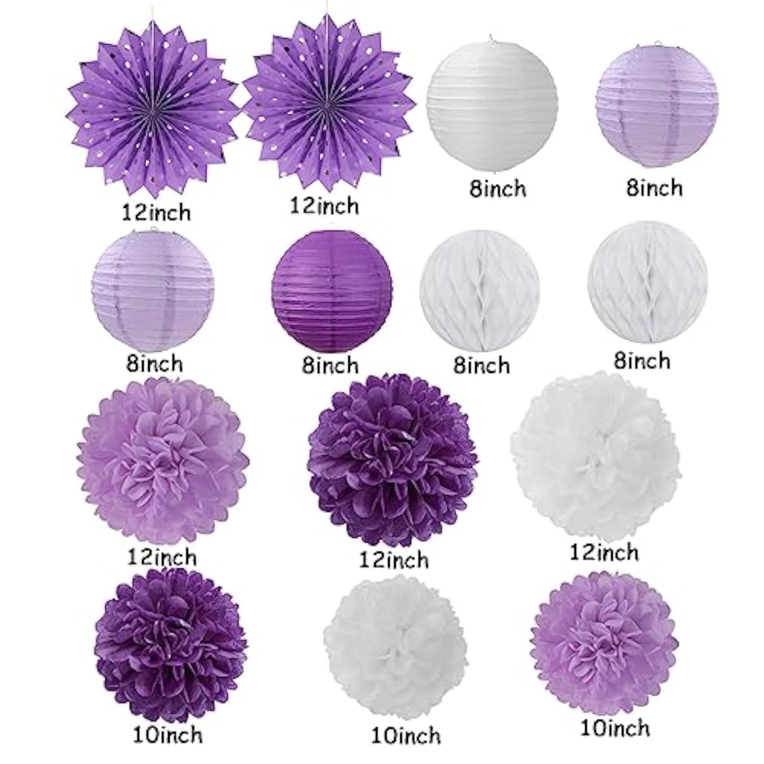Purple & White Lavender Party Decor Set – 14pcs Streamers, Paper Lanterns, Fans, and Tissue Pom Poms for Birthdays, Bridal Showers