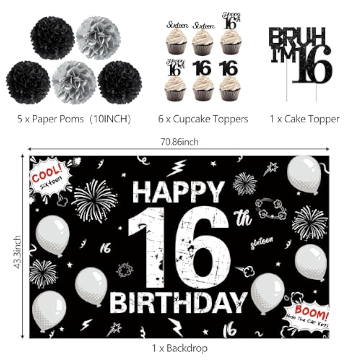 16Th Birthday Party Decorations For Boys, Hide The Car Keys 16 Years Old Banner, Black 16Th Number Balloons & Cake Topper, Glitter Black Sweet 16 Party Honeycomb Hanging Swirl, Bro I'M 16