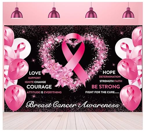 Breast Cancer Awareness Banner Backdrop Decorations Pink Ribbon Shapes Party Banner Breast Cancer Survivor Gifts Hope Faith Strength Courage Hanging Banner Breast Cancer Wall Pennants (style 4)