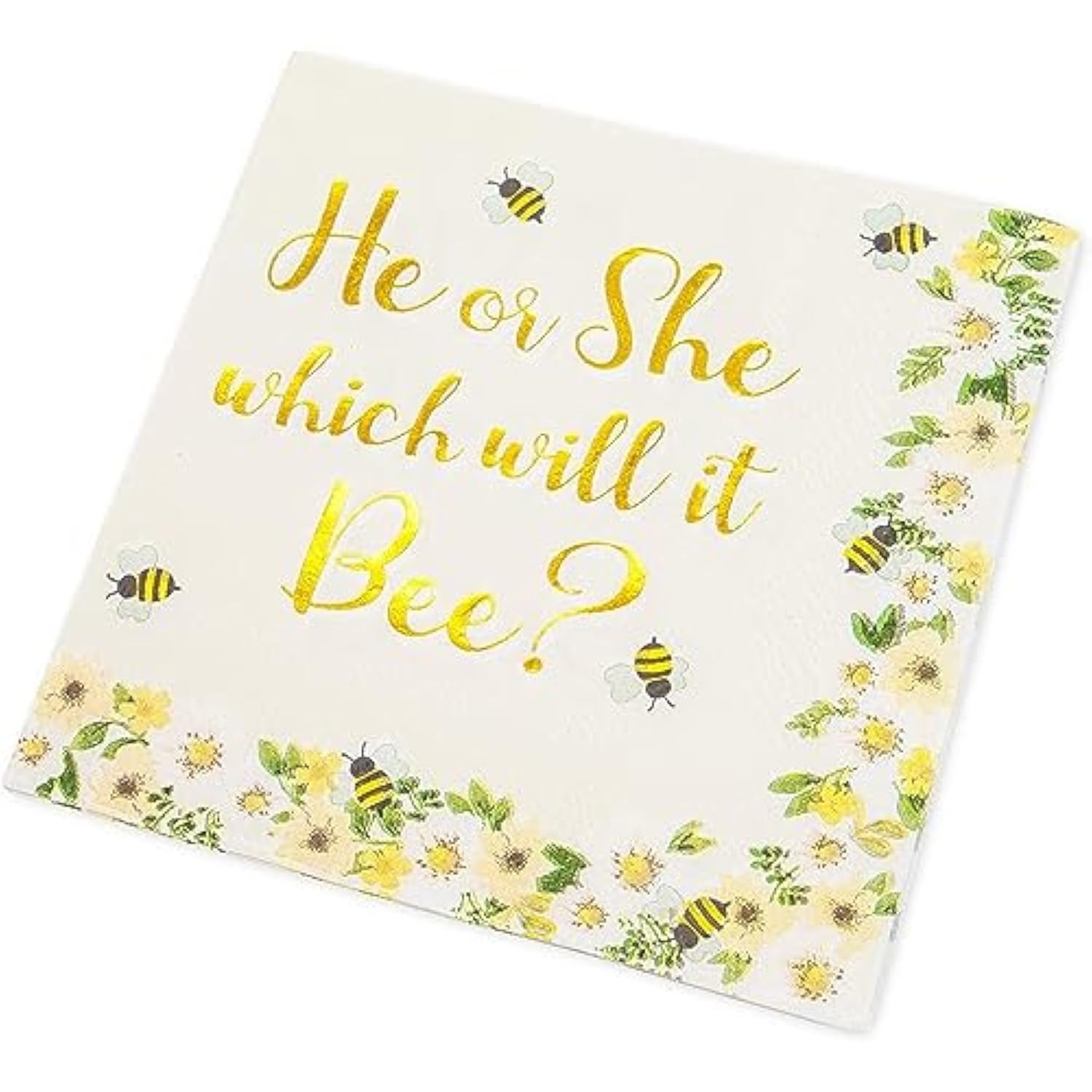3-Ply Paper Napkins - Gender Reveal Party With Bee Napkins - Highly Absorbent 3-Ply Cocktail Tissue - Bee-Themed Baby Shower Decoration & Party Supply - 5 X 5 In, Pack Of 50, Gold