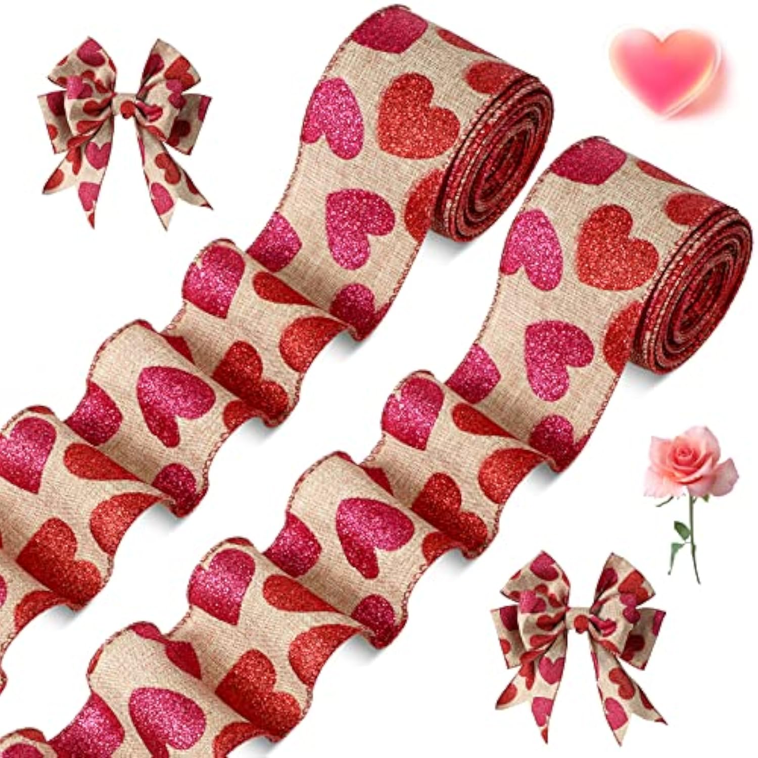 2 Roll 20 Yards Glitter Hearts Wired Edge Burlap Ribbon Valentine Ribb