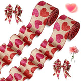 2 Roll 20 Yards Glitter Hearts Wired Edge Burlap Ribbon Valentine Ribb