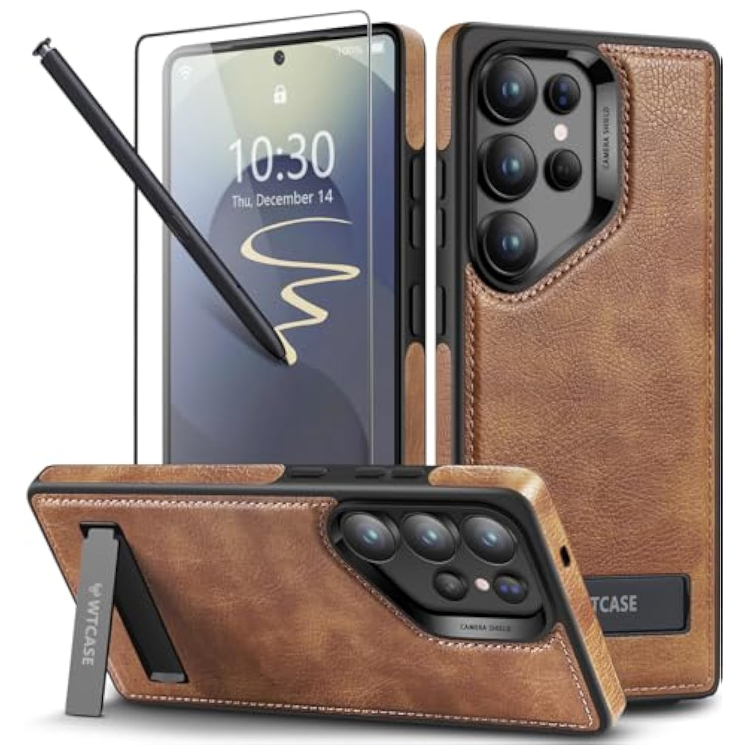 Brown leather Galaxy S25 Ultra case with MagSafe, strong magnets & kickstand.