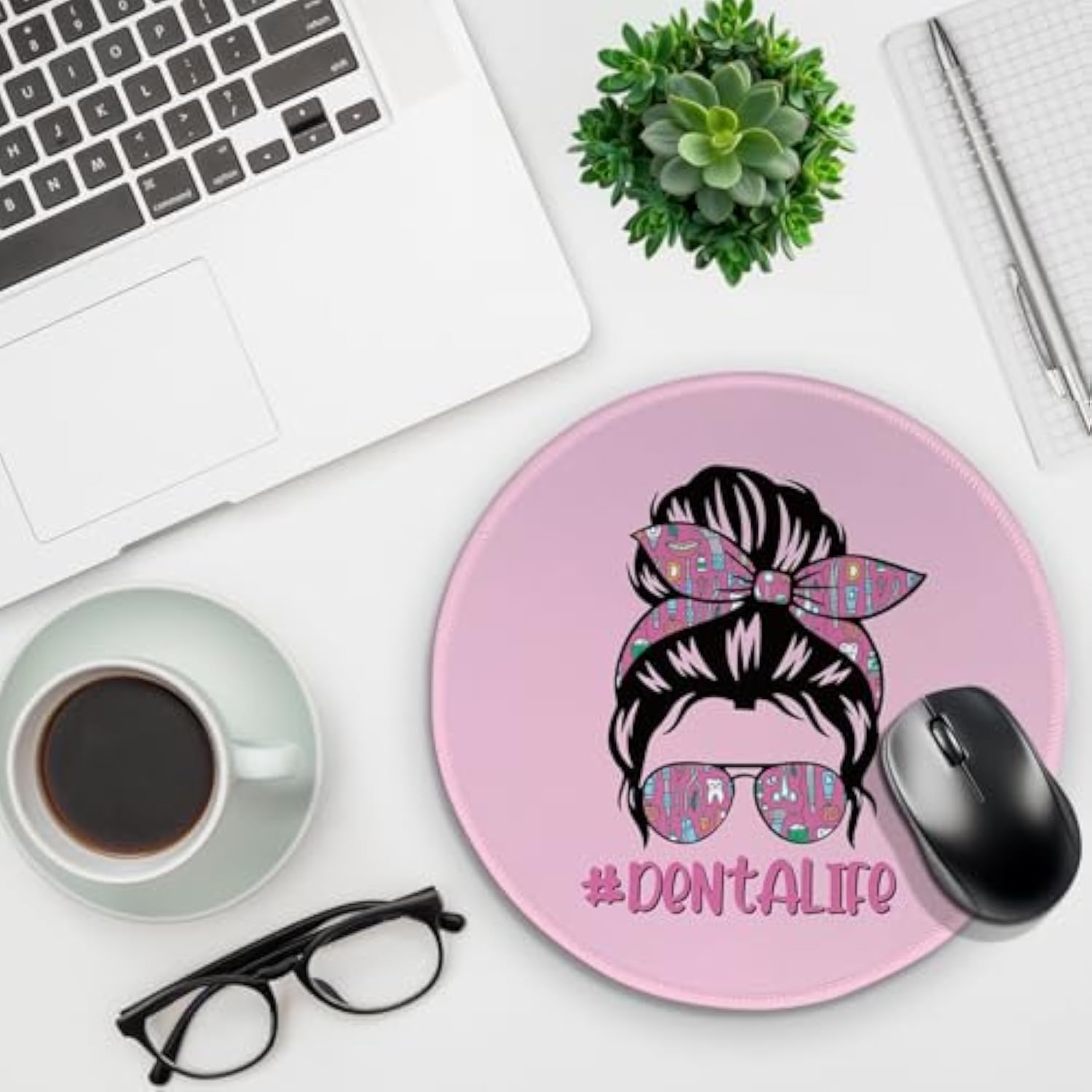 Pink Round Mouse Pad 8.6 X 8.6 Inch Funny Office Decor For Gaming Laptop With Stitched Edges Non-Slip Rubber Base,Gift For Female Dental Colleagues