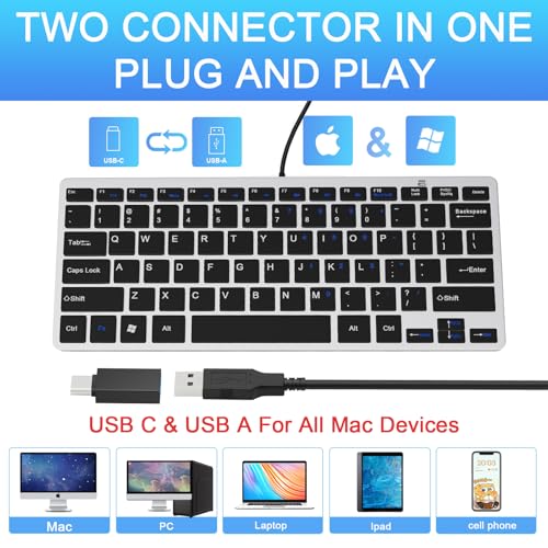 Ultra-Slim 78Keys Usb Mini Wired Keyboard With Media Hotkeys For Apple Mac Pro, Macbook 56Pro/ Imac, Air, Mac Mini, Laptop Computers, Windows Pc 11/10/8/7, With Usb-A To C Otg Adapter, Silver Black